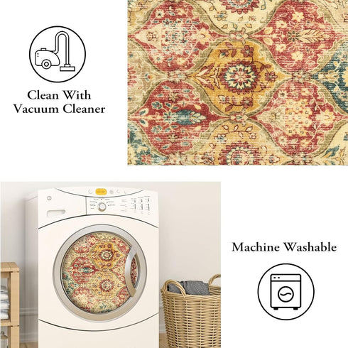 Lahome Moroccan Trellis Round Rug, 3ft Washable Non-Slip Soft Area Rug for Bedroom & Entryway, Red/Orange