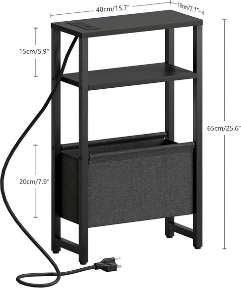 3 LET503BE Narrow Side Table with Charging Station, Slim End Table with Magazine Rack, Bedside Table for Small Spaces