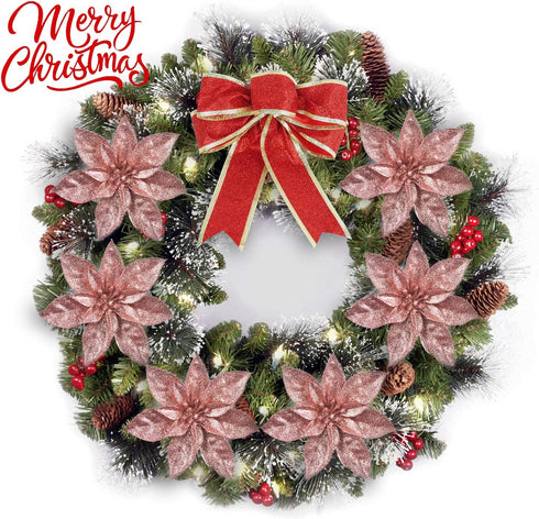 GL-Turelfies 12 Pcs Rose Gold Glitter Christmas Flowers (16cm/6.3’’) with 12 Pcs Clips for Xmas Tree Ornaments