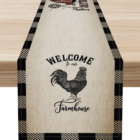 Drapeloft 13"x108" Inch Farm Animals Table Runner, Rustic Farmhouse Cow Pig Rooster Watercolor Coffee Table Center