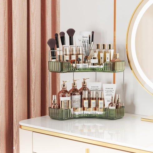 Asayuee 2-Tier Counter Countertop 2 Corner Bathroom Organizer with Top Toothbrush Holders,Large Makeup Organizer