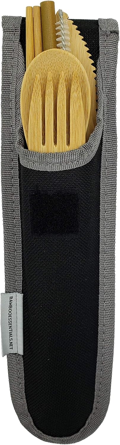 Travel Utensils with Case Set Fork, Knife, Spoon, Chopsticks, Straw, Straw-cleaning brush, Travel Pouch and Carabiner, Excellent For Everyday Use! ((1Set) Midnight Black) by Bamboo Essentials