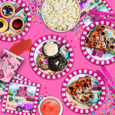 Set 16 Girl Pink Construction Trucks Birthday Party Supplies Plates Napkins Cups Tableware Kit