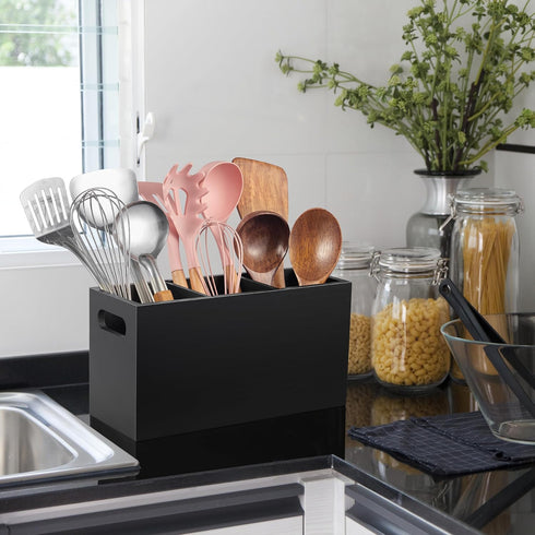ALELION Large Utensil Holder - 3 Compartment Wooden Caddy Organizer for Kitchen Counter, Black