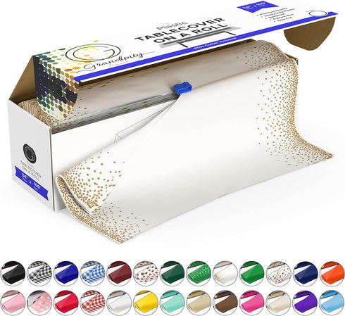 Grandipity Plastic Tablecloth Roll - 54in x 100 Ft. Gold Dots Plastic
