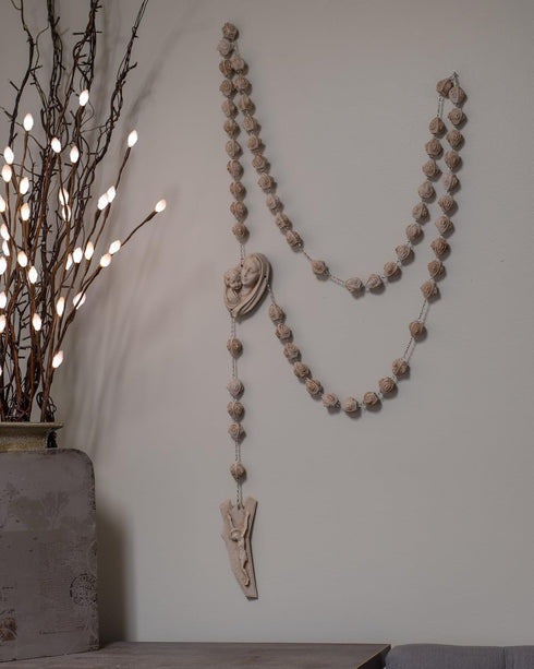 Virgin Mary and Jesus Carved Beads Design Decorative Wall Rosary, 65 Inch Alabasterite