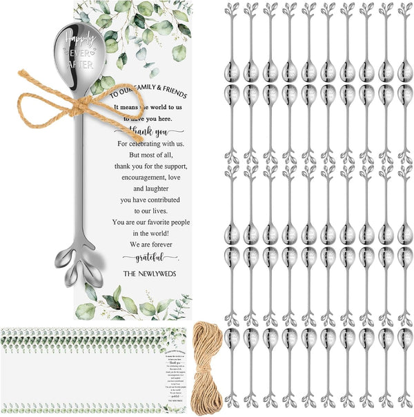Tioncy 50 Pcs Bridal Shower Favors Tea Spoons, 4.9 Inch Silver Stainless Steel Leaf Dessert Teaspoons with Thank You