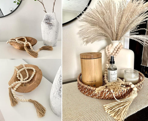 LSKYTOP 58 Inches Wood Bead Garland with Tassel, Rustic Prayer Beads for Farmhouse Tiered Tray Decor - 2 Pack
