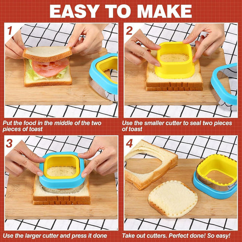 HINZER 4 Pcs Sandwich Cutter and Sealer Set, DIY Cookie Cutters in Heart, Square, Circle, Dinosaur Shapes