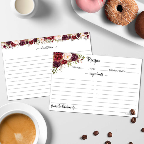 321Done Recipe Cards (Set of 50): Floral 4" x 6" Double-Sided for Weddings, Bridal Shower, Made in USA