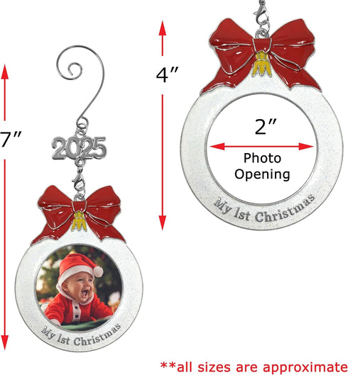 Baby's 1st Christmas Photo Ornament - 2025 Charm, Bulb Shape with White Glitter & Red Bow - Gift-Storage Bag Included,