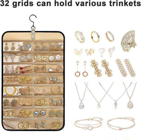 Double Sided Hanging Jewelry Organizer, 32/48 Pockets, 14/21 Hook Loops, Foldable Travel Jewelry Roll Organizer for