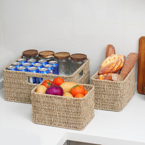 JS HOME Set of 3 Seagrass Wicker Baskets, Large and Small Organizing Baskets with Built-in Handles, Shelf Organizer