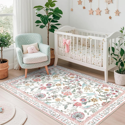 3x5 Rugalia Washable Floral Area Rug, Pink Indoor Entryway Rug Soft Non-Slip Botanical Kitchen Rugs, Ultra Thin Modern