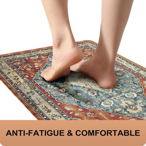 Collive Boho Kitchen Mats, Cushioned Anti Fatigue Non-Slip Kitchen Floor Mats, 17”x30” Red Waterproof Rug
