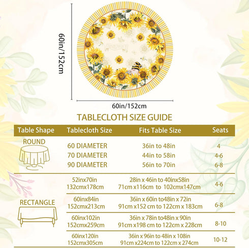60x60 Inch Summer Hexagram Sunflower Tablecloth Round and Spring Yellow Floral Table Cloth Farmhouse Season for Home