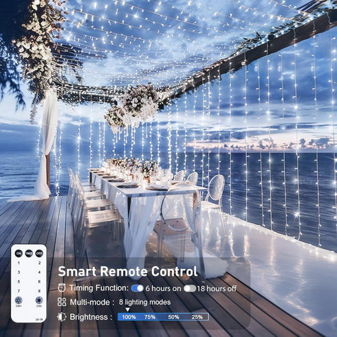 300 9.8x9.8Ft 8 JMEXSUSS LED Curtain Lights Indoor with Remote, White Christmas Lights Plug in, Modes White String
