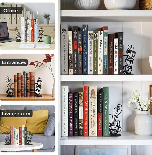 ENCIMART Metal Bookends Creative Coffee Bookends Decorative Cute Kitchen Book Ends for Shelves Bookshelf Home Office
