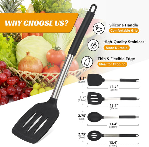 Kitchen Utensils Set of 4 Pack,Silicone Cooking Utensils Set for Nonstick Cookware,Perfect for Baking and Mixing,Spatula Set BPA Free,Dishwasher Safe,Black by YASUEBI