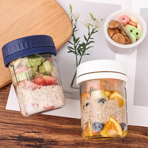 6 Pack 16 OZ Overnight Oats Containers with Lids and Spoons, Glass Mason Jars with Removable Separate Compartments