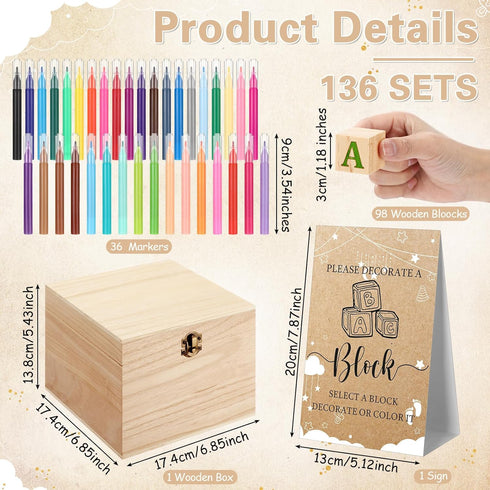 136 98 36 1 1 Marsui Pcs Baby Shower Blocks to Decorate Game Kit Includes Wooden Blocks, Markers, Game Sign, Storage