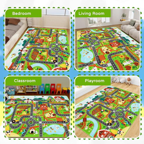 Mfmiudole 39.4" 59" Tummy Kids Rug Play Mat for Toy Cars, Farm Life Road Traffic for Playroom Kids Car Road Rugs