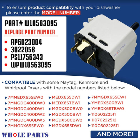 Whole Parts Dryer Push-to-Start Switch, Replacement Compatible with Maytag, Kenmore, Whirlpool Dryers