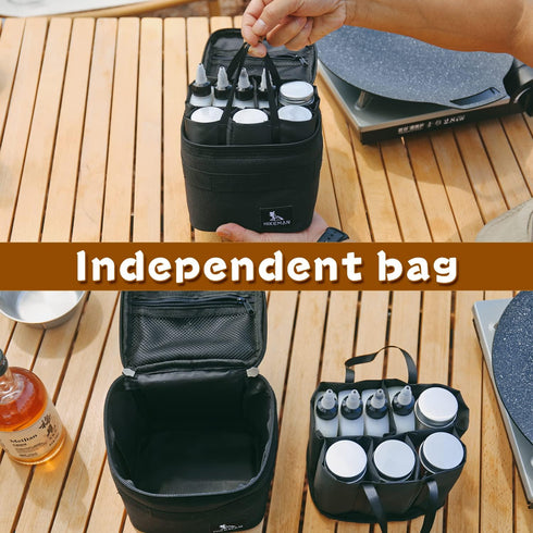 HIKEMAN Portable Camping Spice Set with 9 Spice Containers, Pepper & Salt Shakers, Separable Storage Bag for BBQ, Picnic