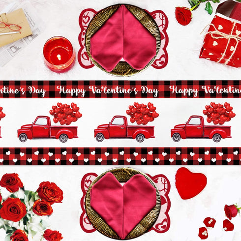 Valentine Table Runner, Red Black Buffalo Plaid Dresser Scarves with Heart Shape Balloon for Holiday Decor, 13x90inch