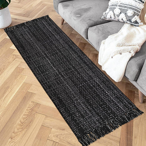 Hallway Runner Rug 2'x6' - Black and White Cotton Machine Washable Rug with Tassels, Boho Indoor Area Mat for Kitchen