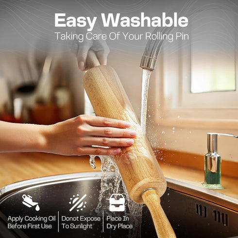 All-Purpose 17.6 Inch Beech Wood Non-Stick Rolling Pin for Baking, Pizza, Pasta, Pie, Cookies, Pastry