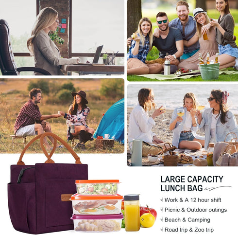 Joymee Insulated Lunch Bag - Reusable Leakproof Cooler Tote for Work, Office, Travel, Picnic - Dark Purple
