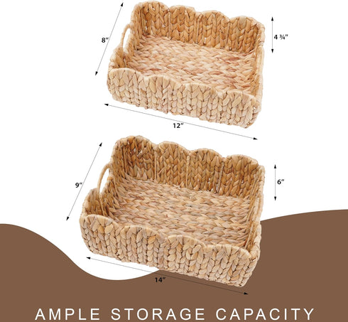 Set 2 LUSYDECO of Scalloped Edge Wicker Storage Basket with Built-in Handles, Rectangle Water Hyacinth Basket