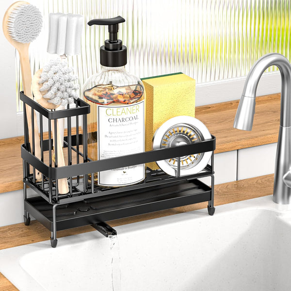Sink Organizer Caddy for Kitchen Counter, Black Dish Sponge Holders and Instant Dry Brush Holders for Storage