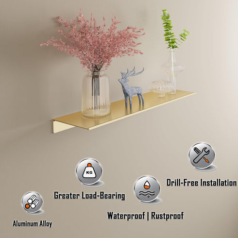 Set 2, HNVNER Metal Floating Shelves, of Brushed Gold Wall Shelves Picture Ledge, Shower Caddy Wall Mounted, Decorative