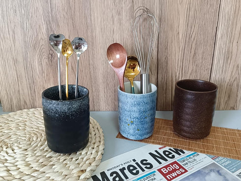 Stoneware Coffee Spoon Holder Jar, Upright Teaspoon Holder for Coffee Stirrers, Small Utensil Holder (Sea Blue)