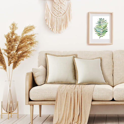 NordECO HOME Set of 2 Throw Pillow Covers, Burlap Linen Trimmed, Decorative Cushion Covers, 20 x 20