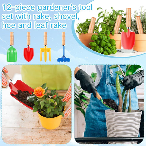 Motionchic 8" Gardening(12 Kids Gardening Tools, Metal Beach Sandbox Digging Toys with Wooden Handle, Including Shovel