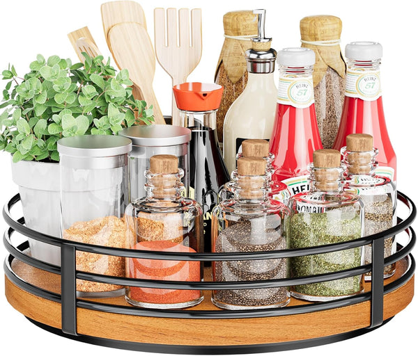 Wood Lazy Susan Turntable Organizer, 11" Round Wooden Lazy Susan for Kitchen Countertop, Dining Table, Pantry Storage