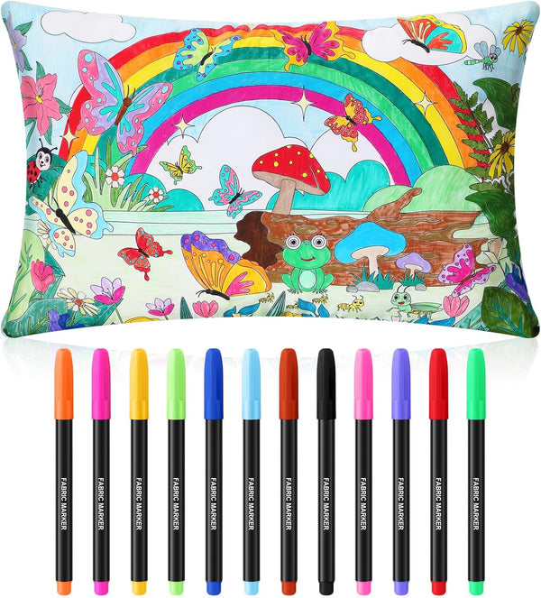 Coloring Craft Butterfly Pillowcase for Kids with 12 Pcs Markers Pens for Decoration Supplies, 28.7 x 19.7 Inch