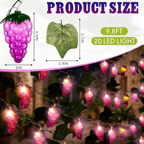 1 3D Summer 9.8ft 20leds Bulbs Baquler Pcs LED Grape String Lights Battery Operated Fruit Light String Grape