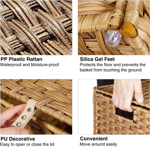GREENSTELL Laundry Hamper - 90L Clothes Hamper with Lid, 2 Removable Liner Bags & 2 Mesh Laundry Bags, Handwoven