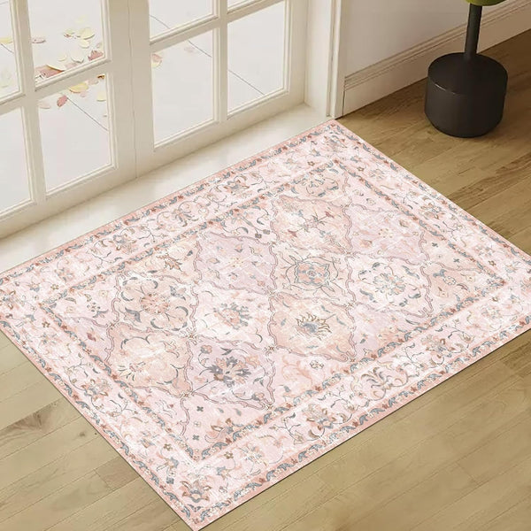Washable Vintage Boho Area Rug 2×3, Non-Slip Pink Doormat for Bathroom, Kitchen, Entryway