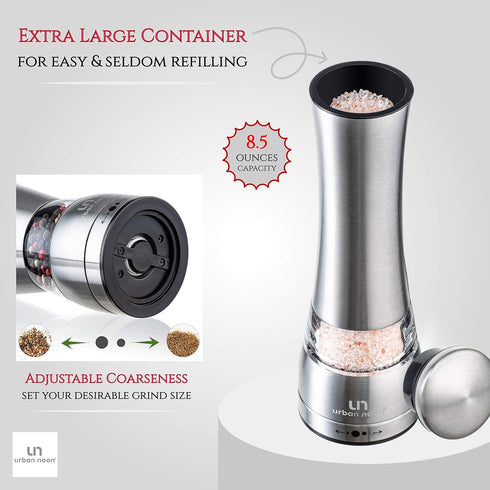 Salt and Pepper Grinder Set, Large Capacity Stainless Steel Grinders with Tray, Manual Mills, Set of 2