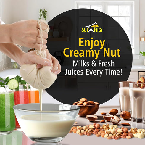 2 (12 12 Inch) 100% SUFANIQ Nut Milk Bag - Bags x Unbleached Cotton Cheese Cloth Bag for Straining, Premium Nut Milk