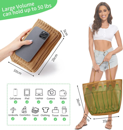 KALIDI Beach Mesh Tote Bag, Casual Hobo Tote Bag for Women, Foldable MAX 23L Shoulder Bag for Beach Picnic