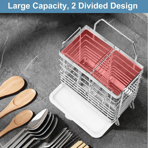 Stainless Steel Utensil Holder with 2 Compartments, Drying Rack for Kitchen Counter, Silverware Organizer