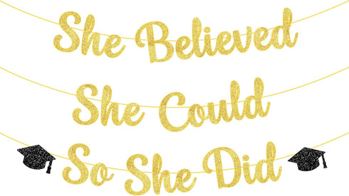 KatchOn Gold and Black She Believed She Could So She Did Banner - 10 Feet Glitter Graduation Decorations 2025