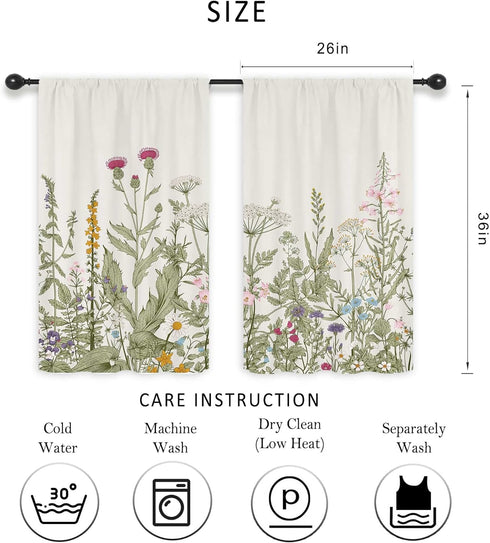 Riyidecor Light Green Leave Plant Small Short Kitchen Curtains Floral Botanical Wildflower Flower Floral Rod Pocket Farmhouse Cafe Curtains Herb Vintage Cute Bedroom Living Room Treatment Fabric