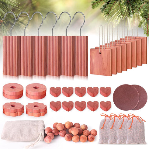 Cedar Blocks for Clothes Storage, 56 Pcs with Metal Hooks, Rings, Balls, and Scented Sachets for Closets and Drawers